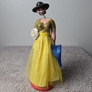 Elegant Yellow and Blue Day of the Dead Figurine